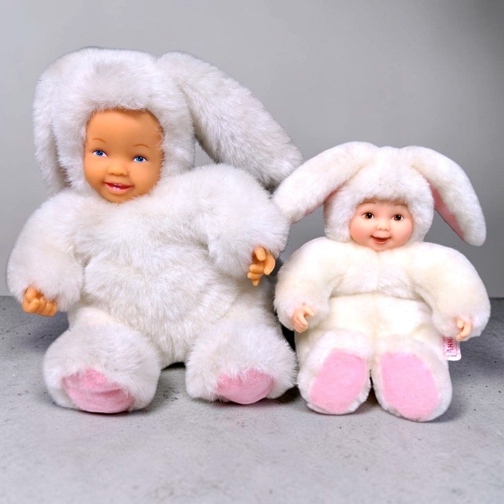 Anne Geddes Baby Bunny Plush Doll Set 9" 7" White Rabbit 1998 VTG Unimax Toys